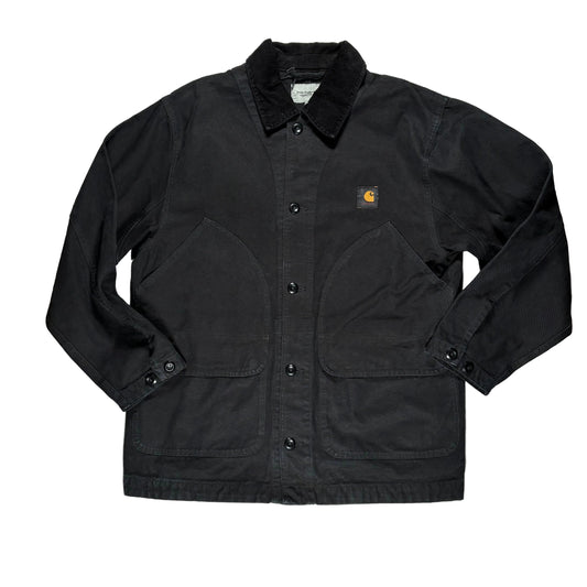 Black jacket with a brand logo on a white surface