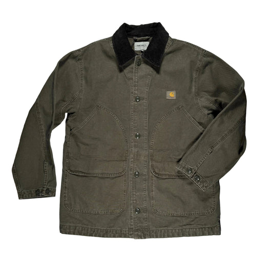 Green mid length jacket with black collar on a white background