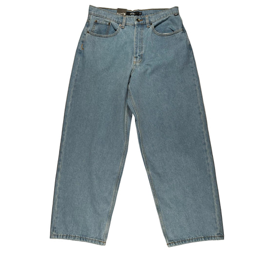 Pair of blue jeans on a white surface 