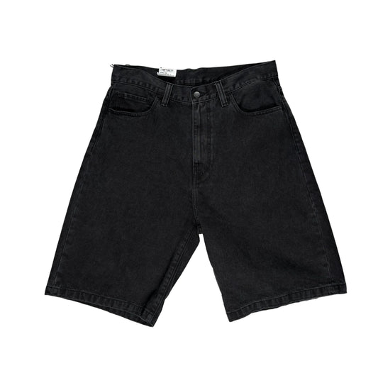 Black denim shorts on a white surface 