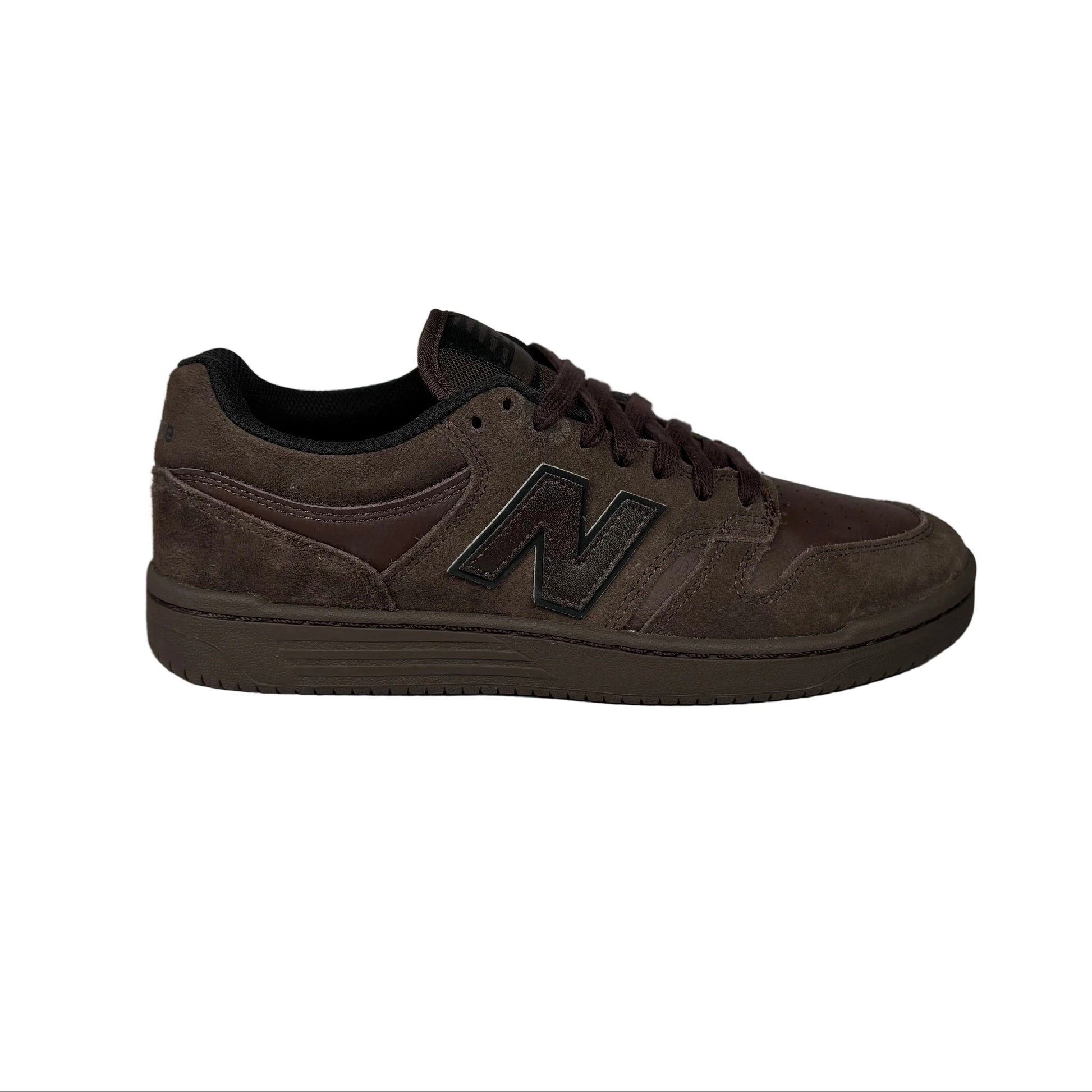 Brown sneaker with New Balance logo on a white background