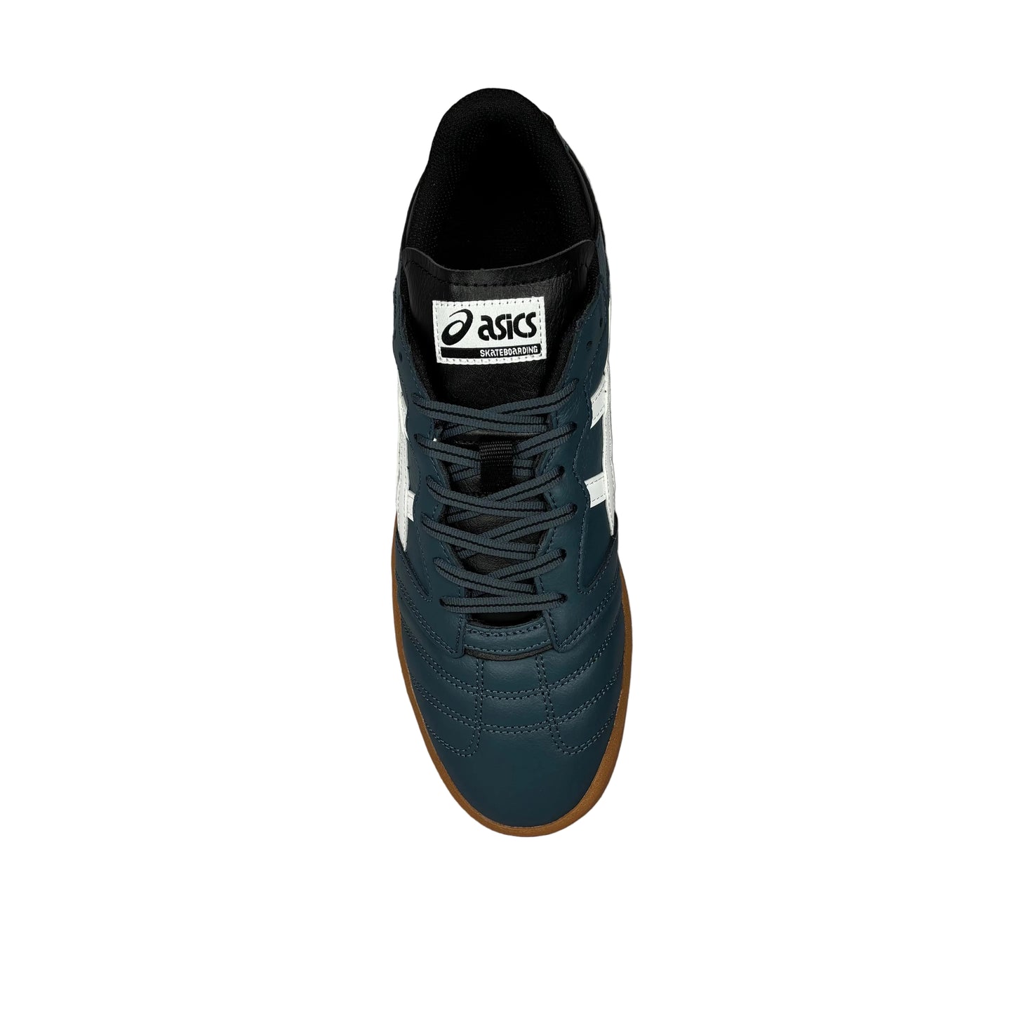 top down view of Blue sneaker with a visible Asics logo on a white background