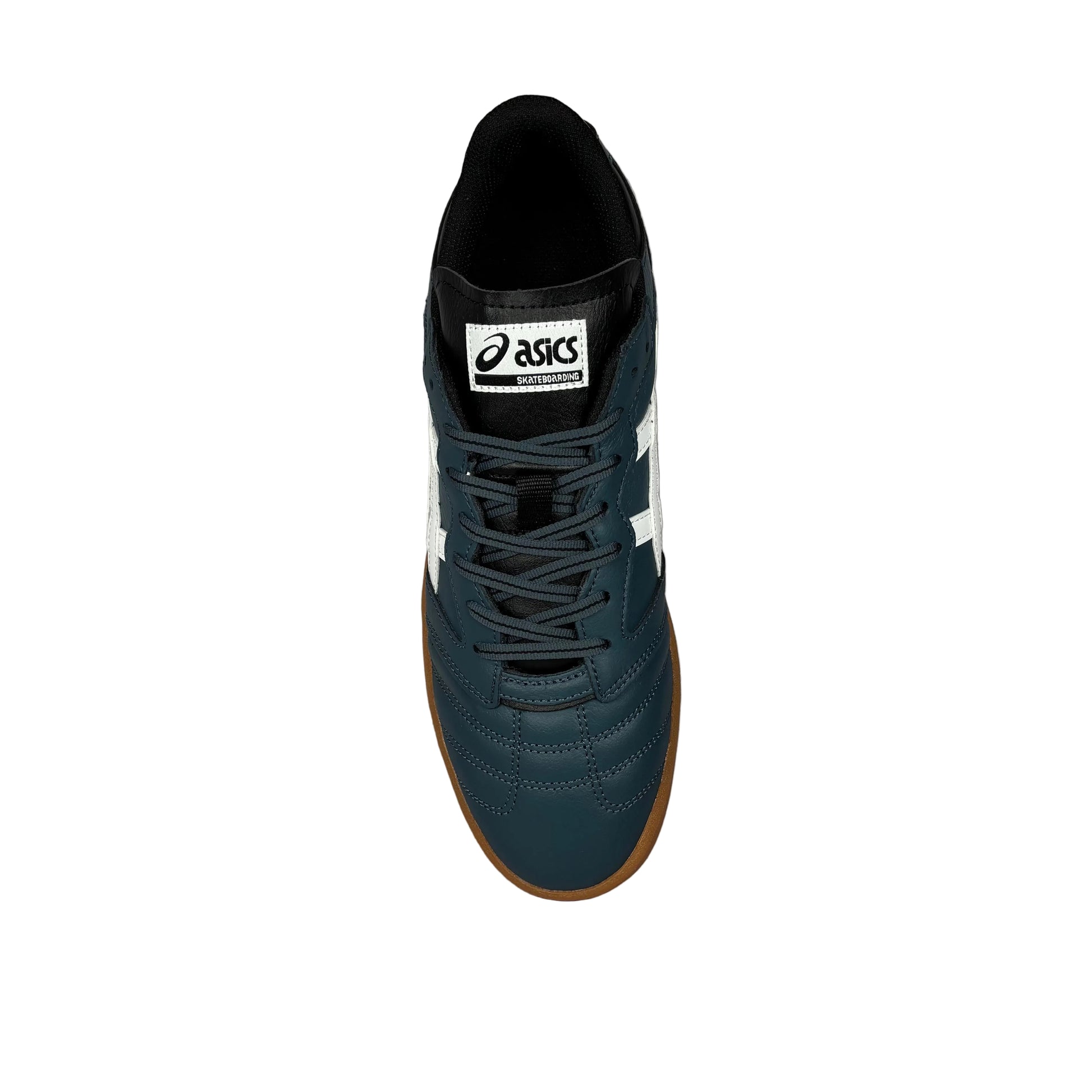 top down view of Blue sneaker with a visible Asics logo on a white background