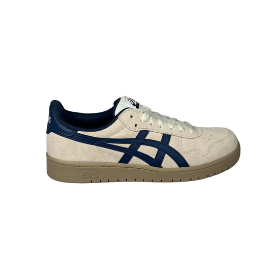 White and blue sneaker with a visible brand logo on a white background