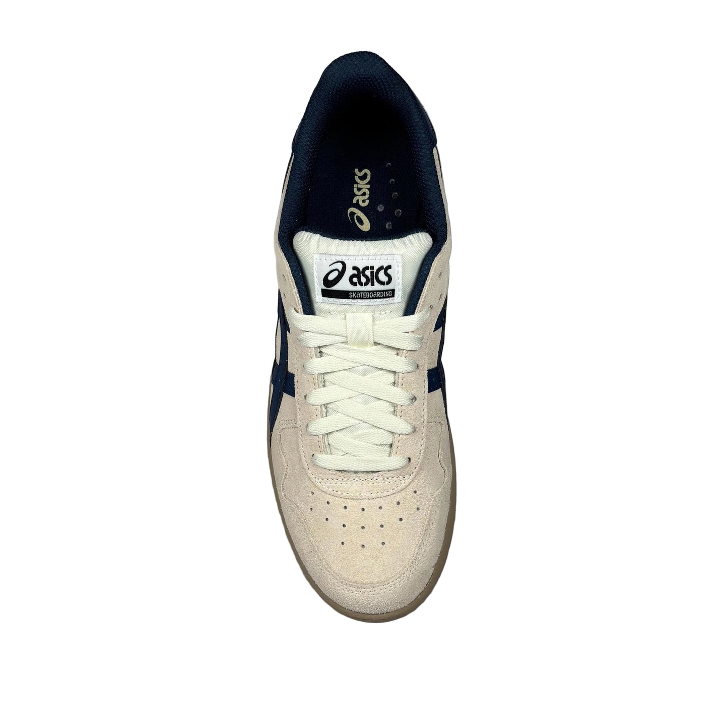 White sneaker with navy accents on a white background