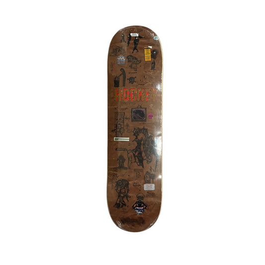 Skateboard deck with faux sticker style graphic  on a white background