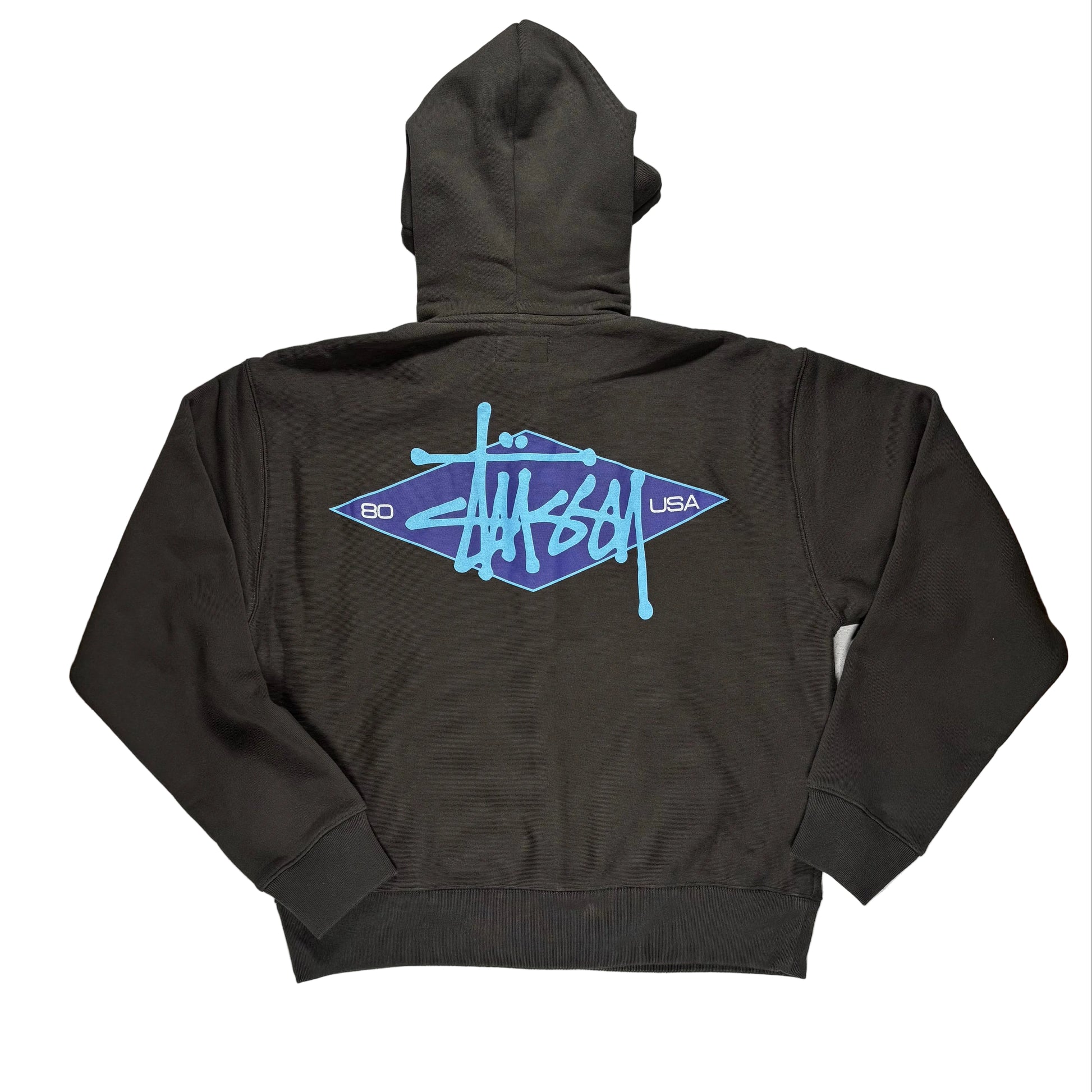 Black hoodie with a blue and purple logo on the back, laid flat on a white surface