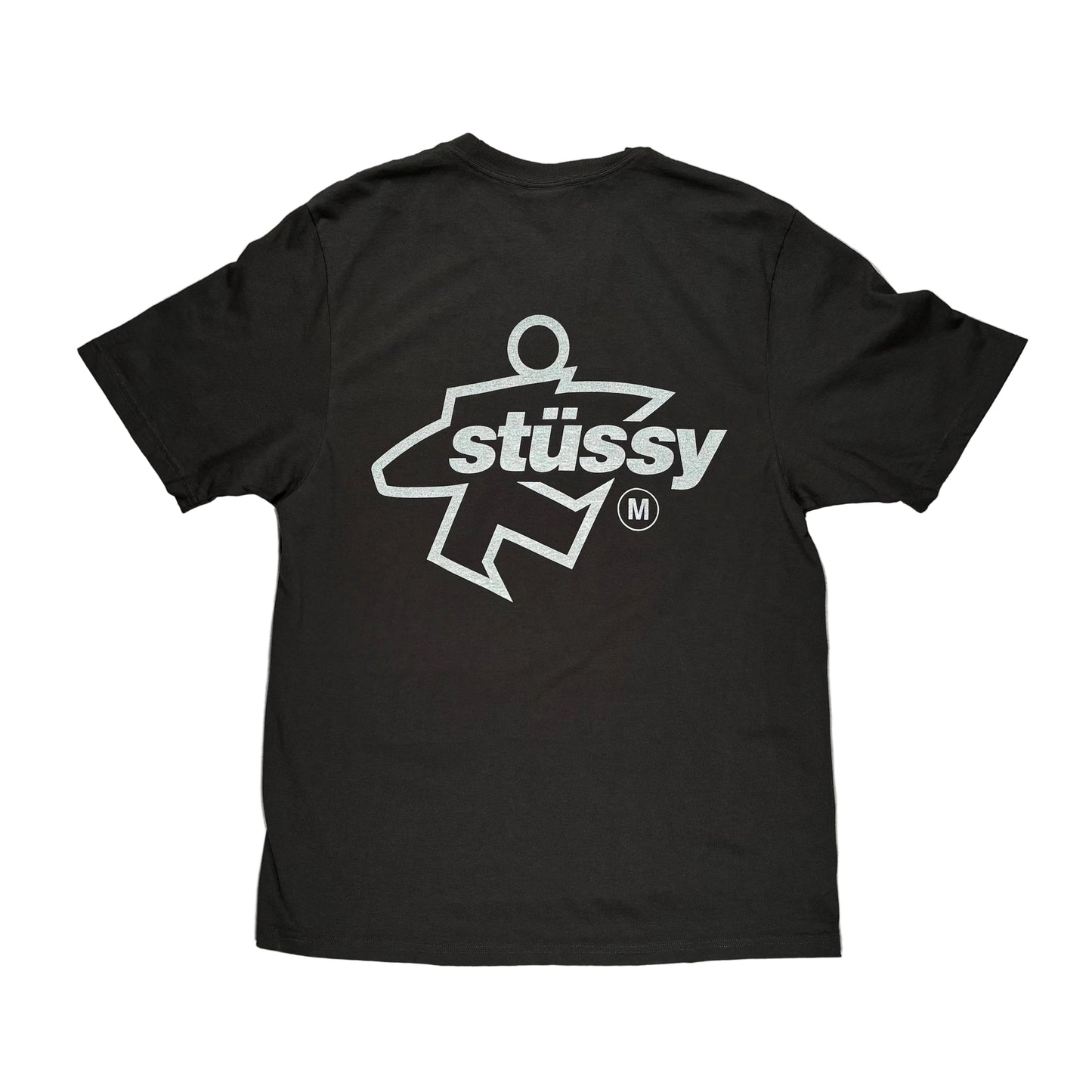 Black t-shirt with a white logo on a white surface