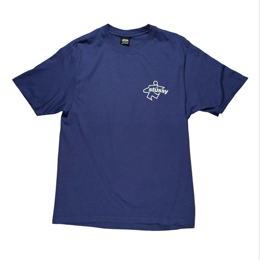 Blue t-shirt with a logo on a white 
surface