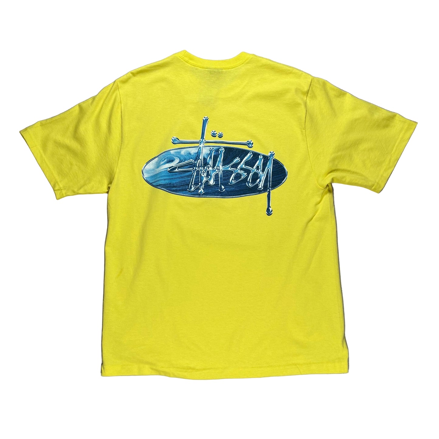 Yellow t-shirt with a graphic design on a white surface