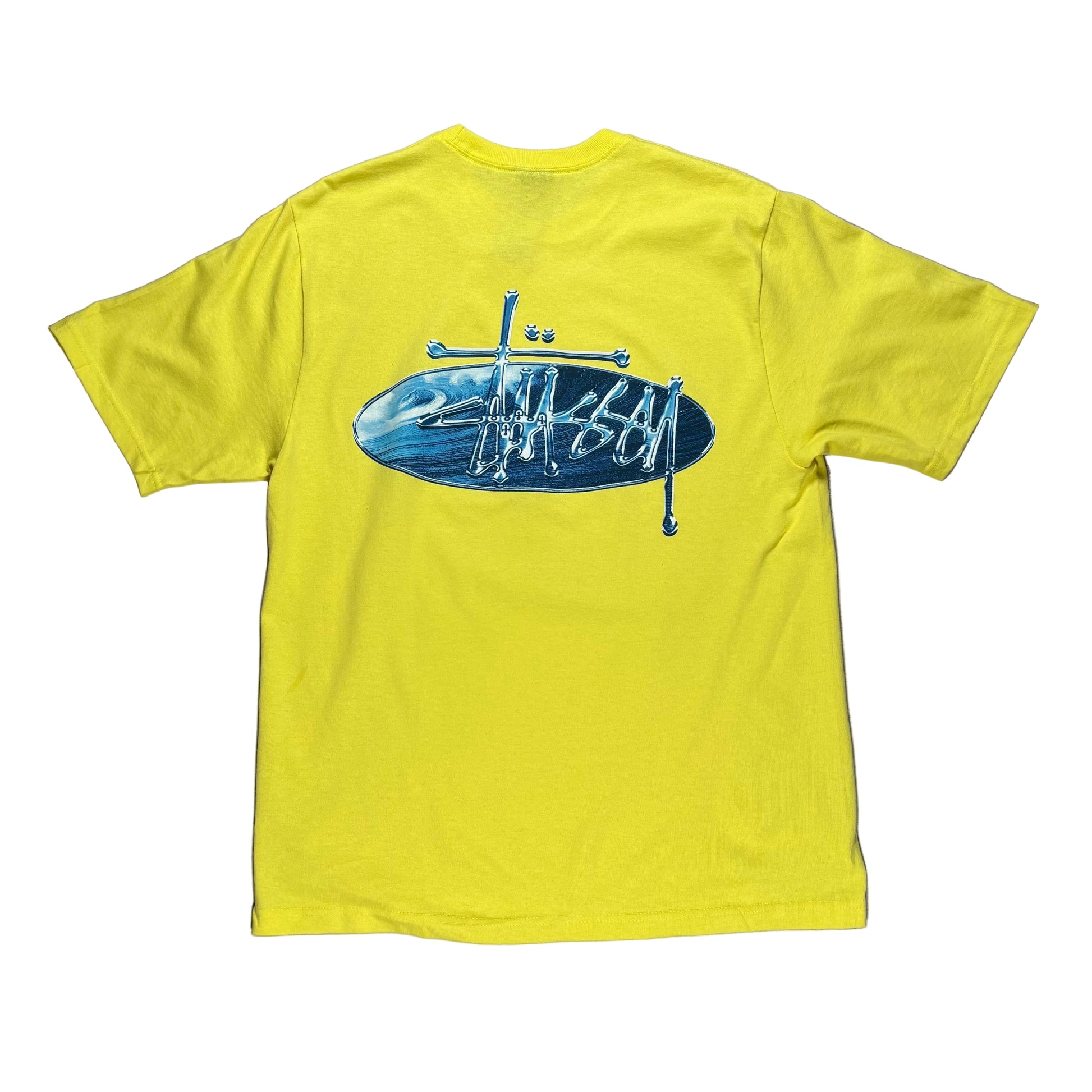 Yellow t-shirt with a graphic design on a white surface