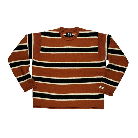 Striped sweater with brown, black, and beige stripes on a white surface.