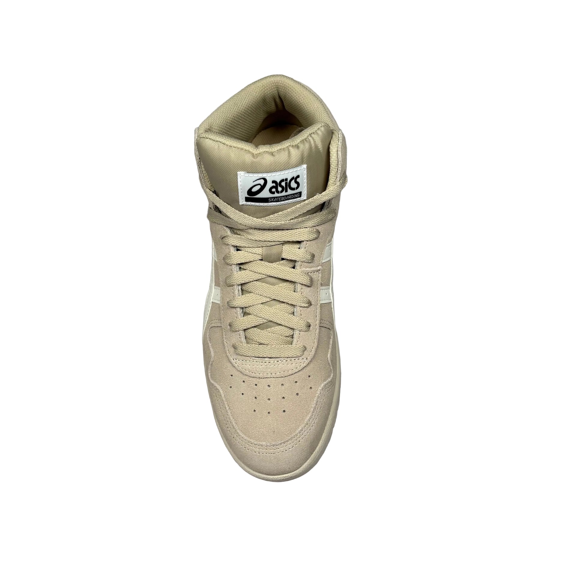 Beige high-top sneaker with Asics logo on a white background