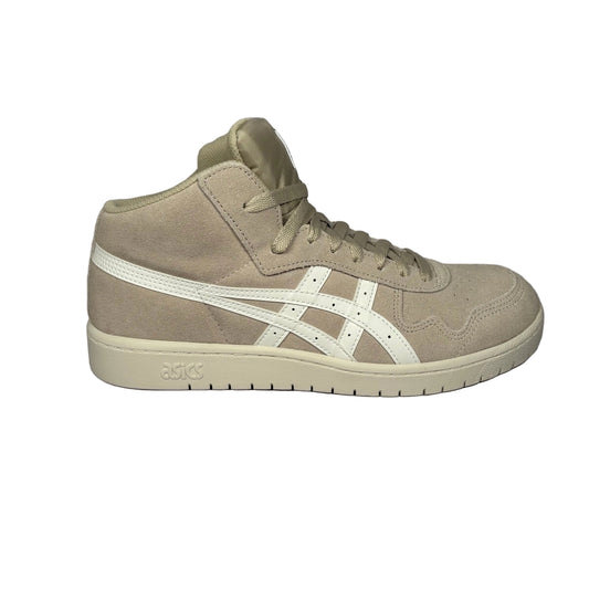 Beige sneaker with white logo on a white background