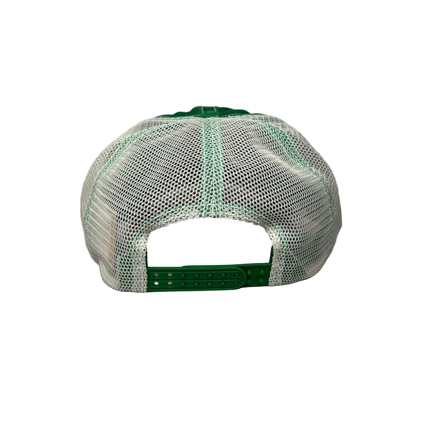 Back view of a green and white cap on a white background