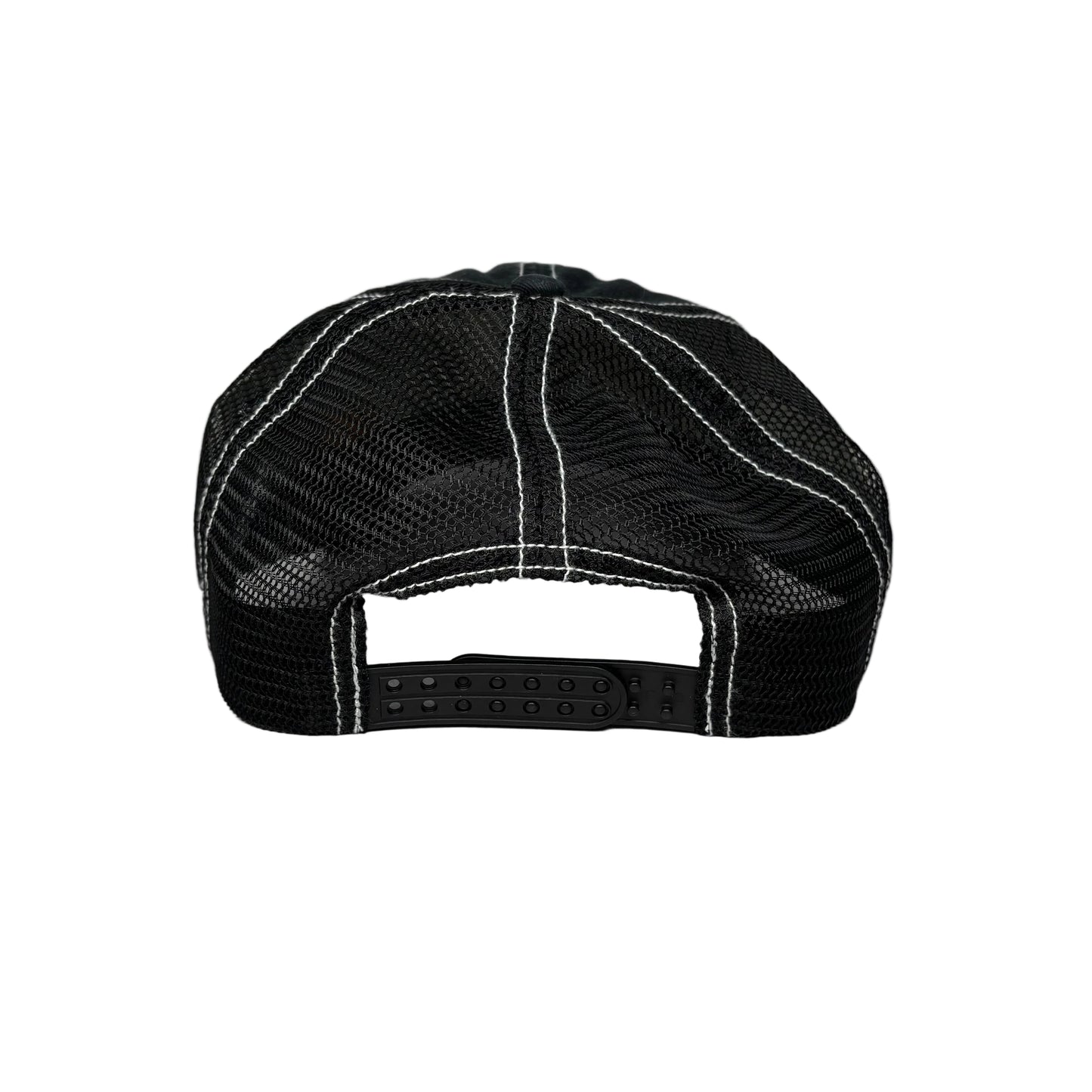 Black mesh stussy cap on a white background