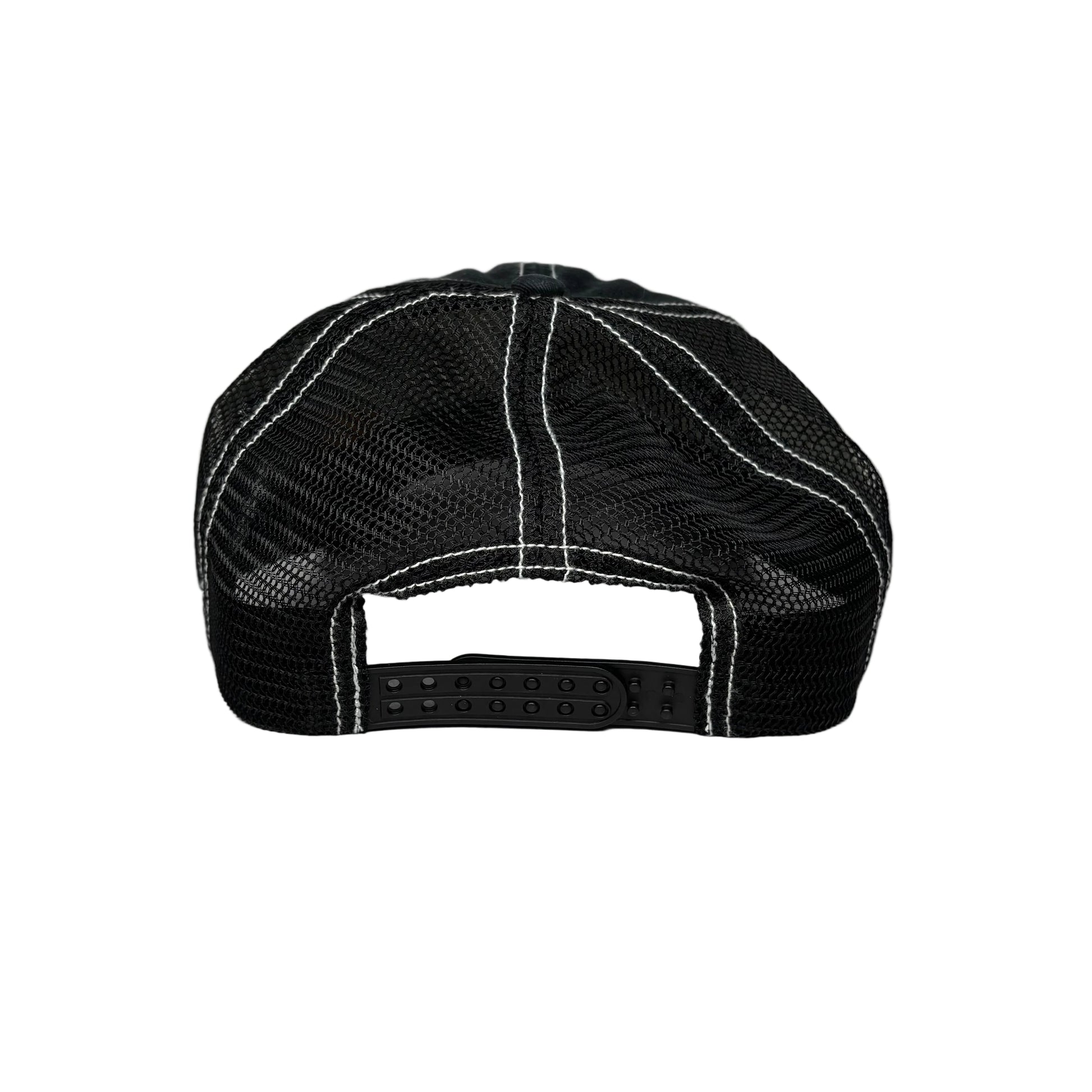 Black mesh stussy cap on a white background