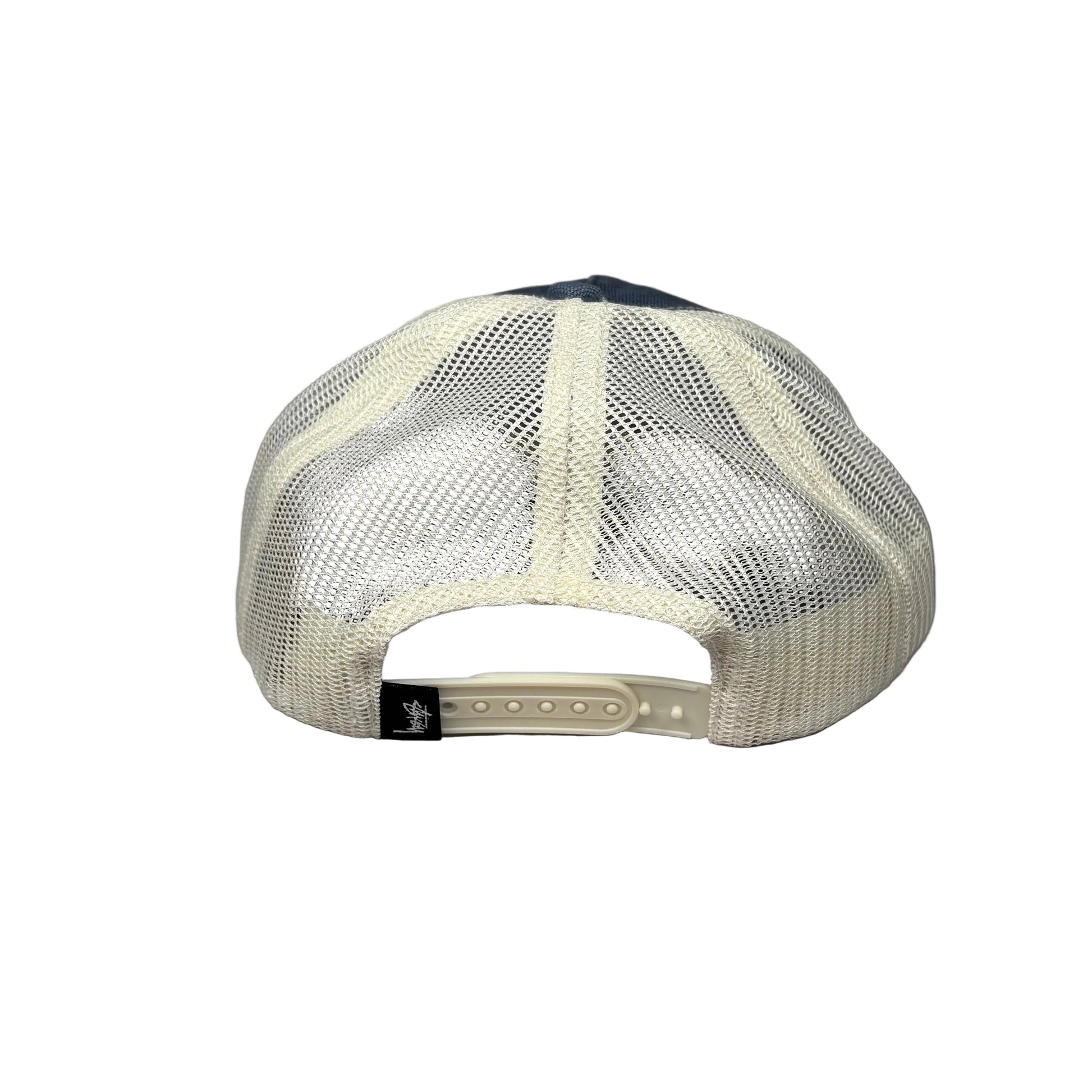 Back view of a cap with mesh design on a white background