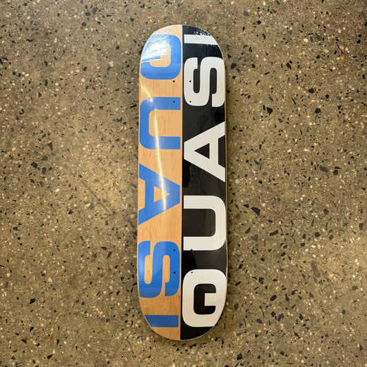 white and blue logo on black and wood grain skate deck