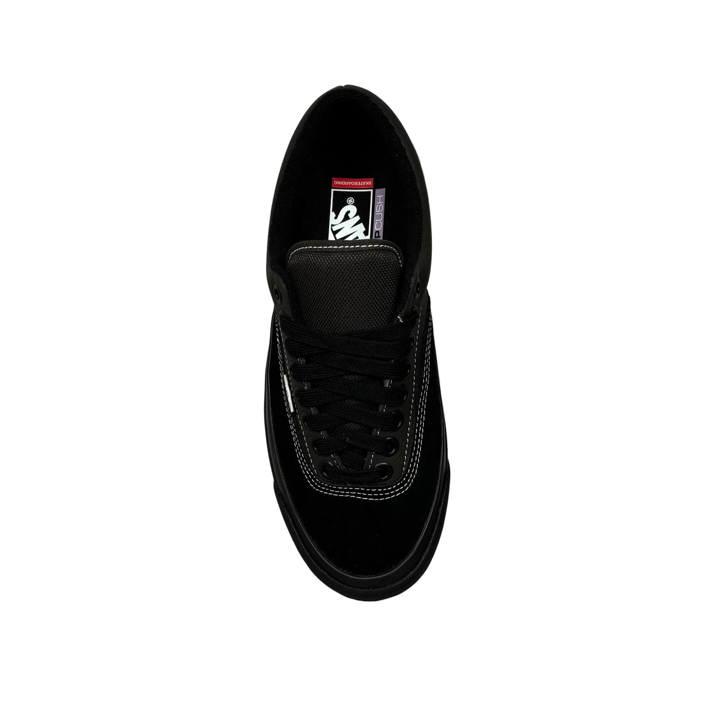 top down view of Black sneaker on a white surface