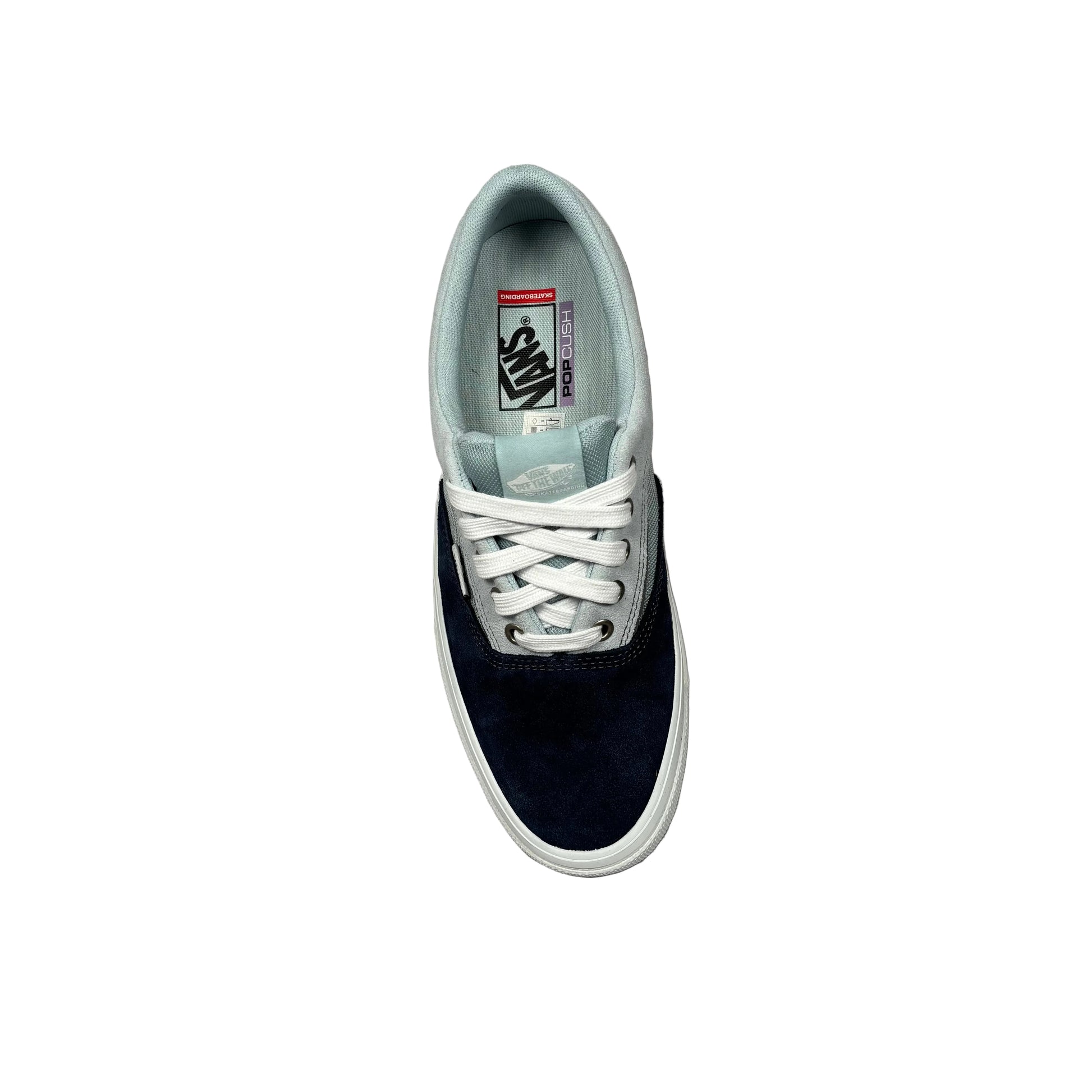 top down view of Navy and gray sneaker with white laces on a white background