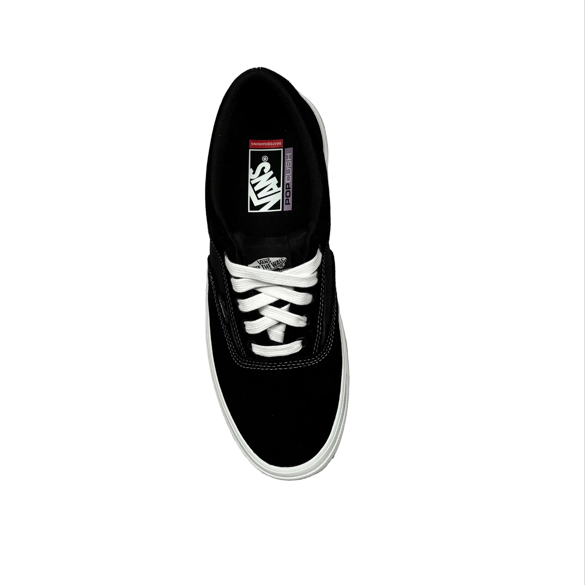 Black sneaker with white laces on a white surface