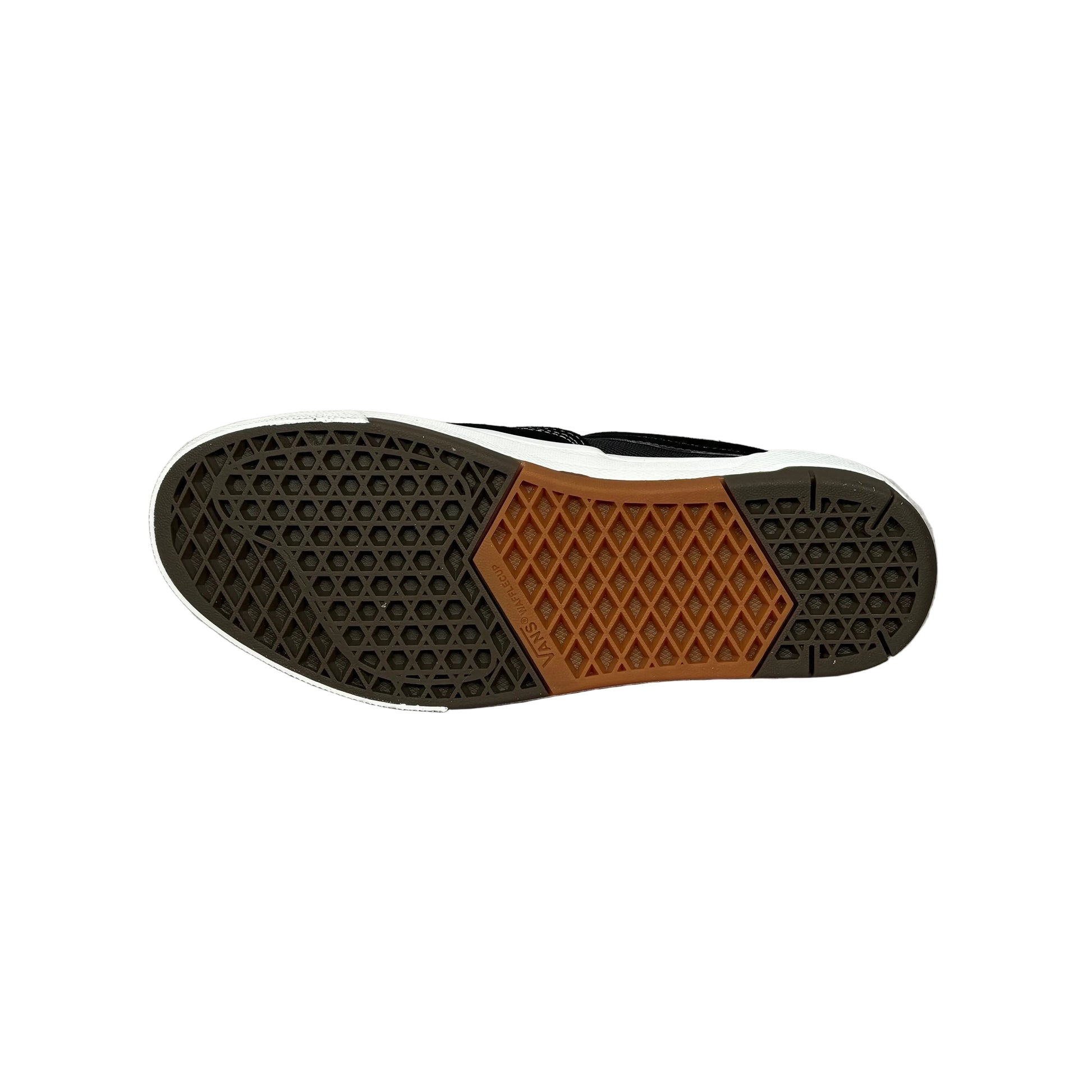 Close-up of a shoe sole with brown and black pattern on a white surface