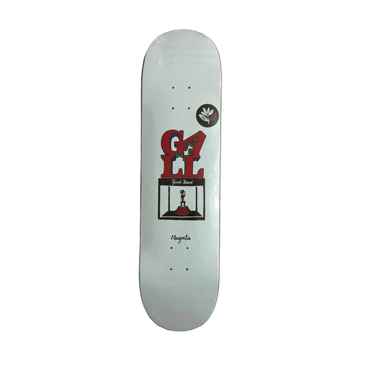 Skateboard deck with a red and black graphic design on a white background