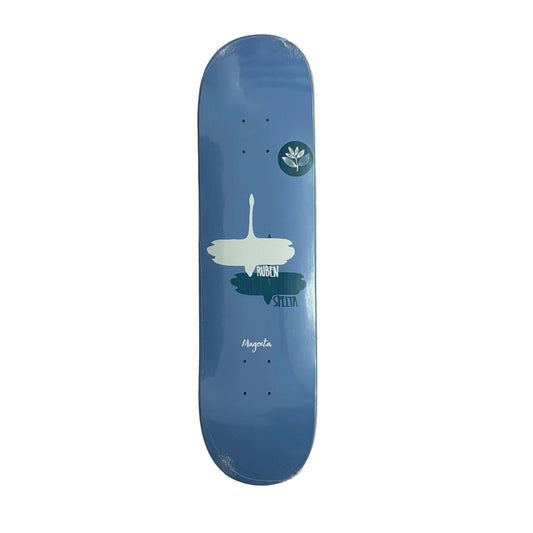 blue skateboard deck with bird graphic design
