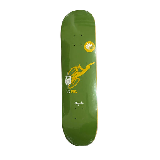 green skateboard deck with a cyclist graphic design on it