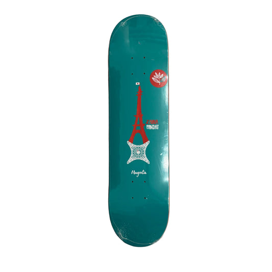 seafoam green skateboard deck with an outline of the eifel tower