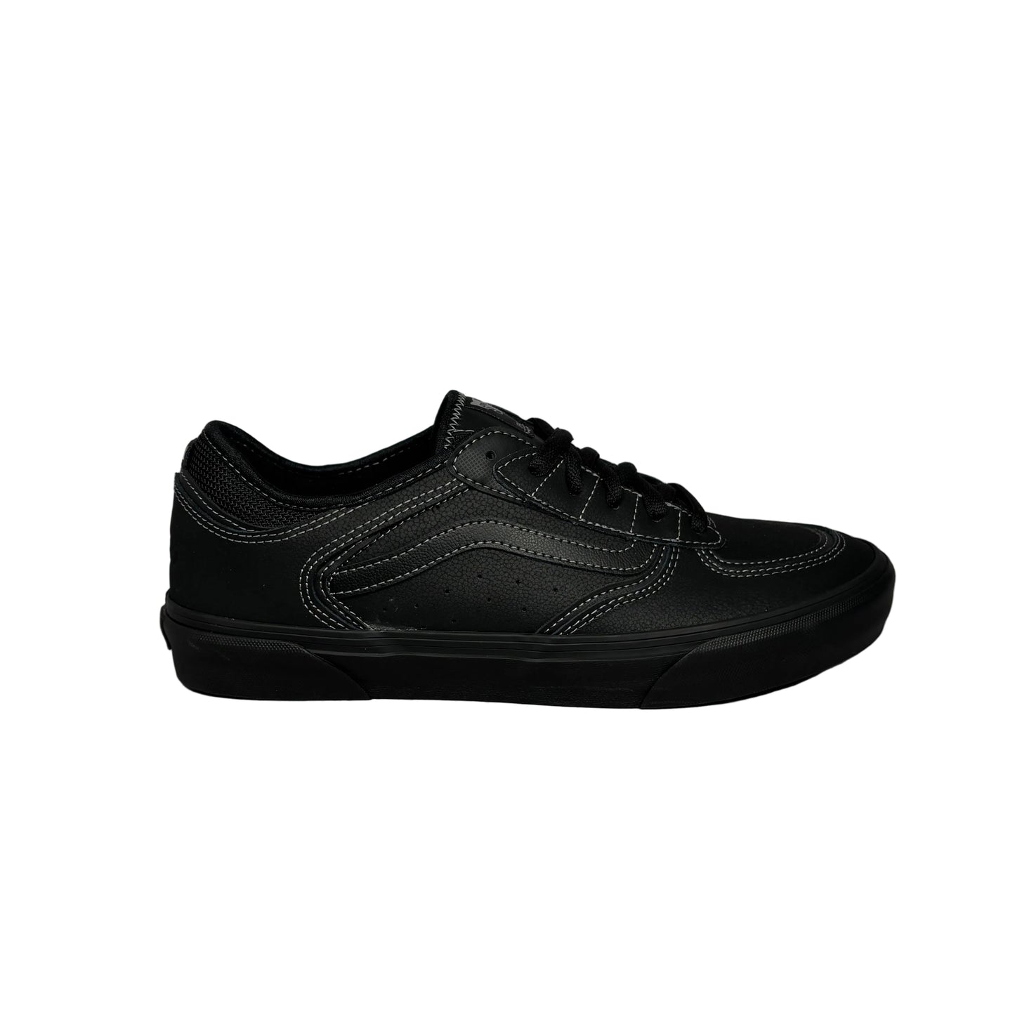black sneaker with white stitching and black sole on a white background