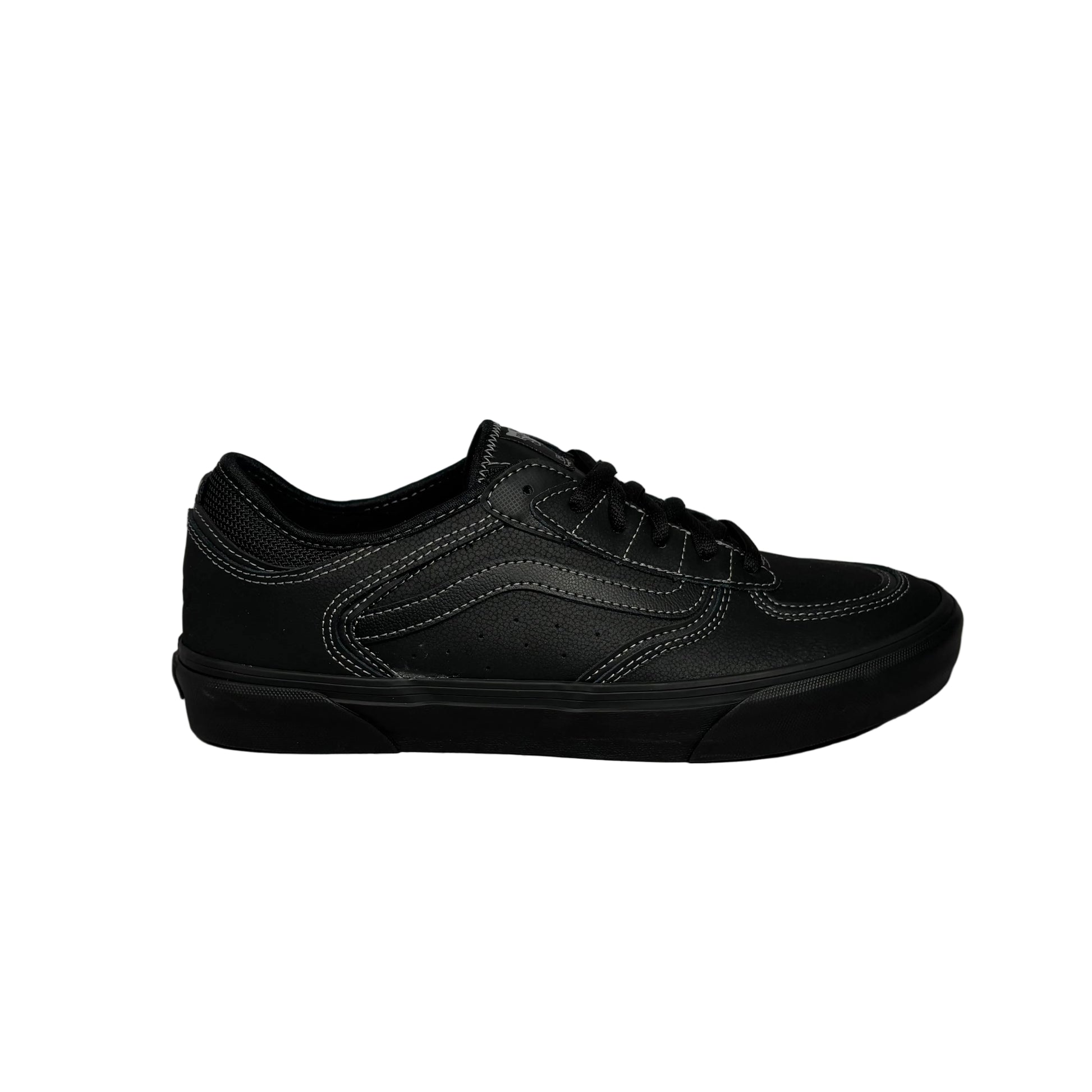 black sneaker with white stitching and black sole on a white background