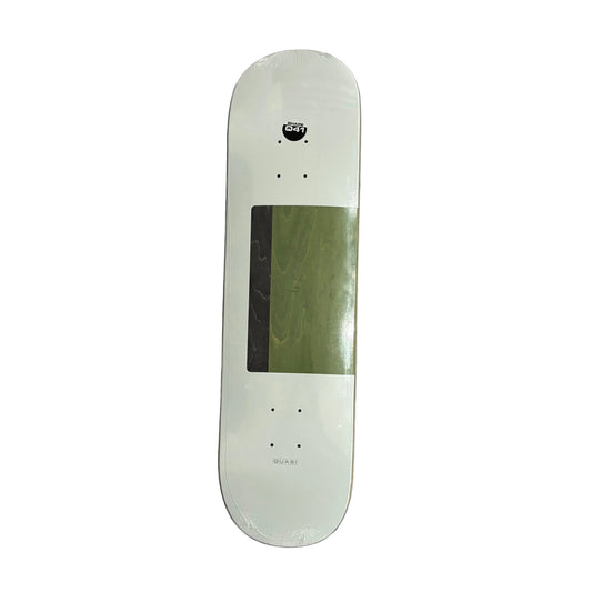 Skateboard deck with a green and black woodgrain design on a white surface
