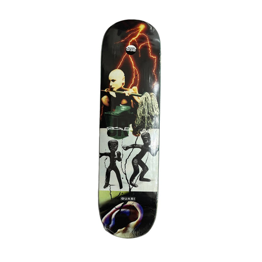 Skateboard deck with artistic design on a white surface