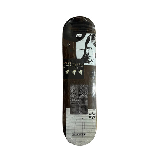 Skateboard deck with a black and white design on a white surface