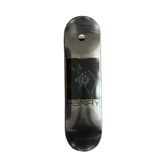 Skateboard deck with a black and silver design on a white surface