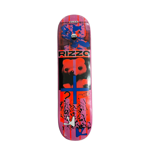 Colorful skateboard deck with 'Rizzo' branding on a white surface