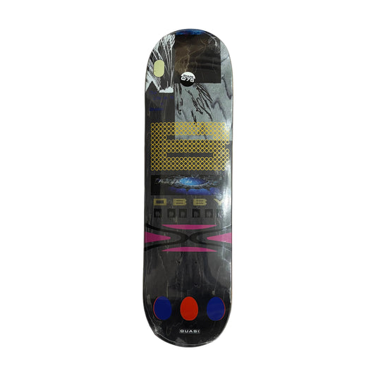 Skateboard deck with colorful design on a white surface