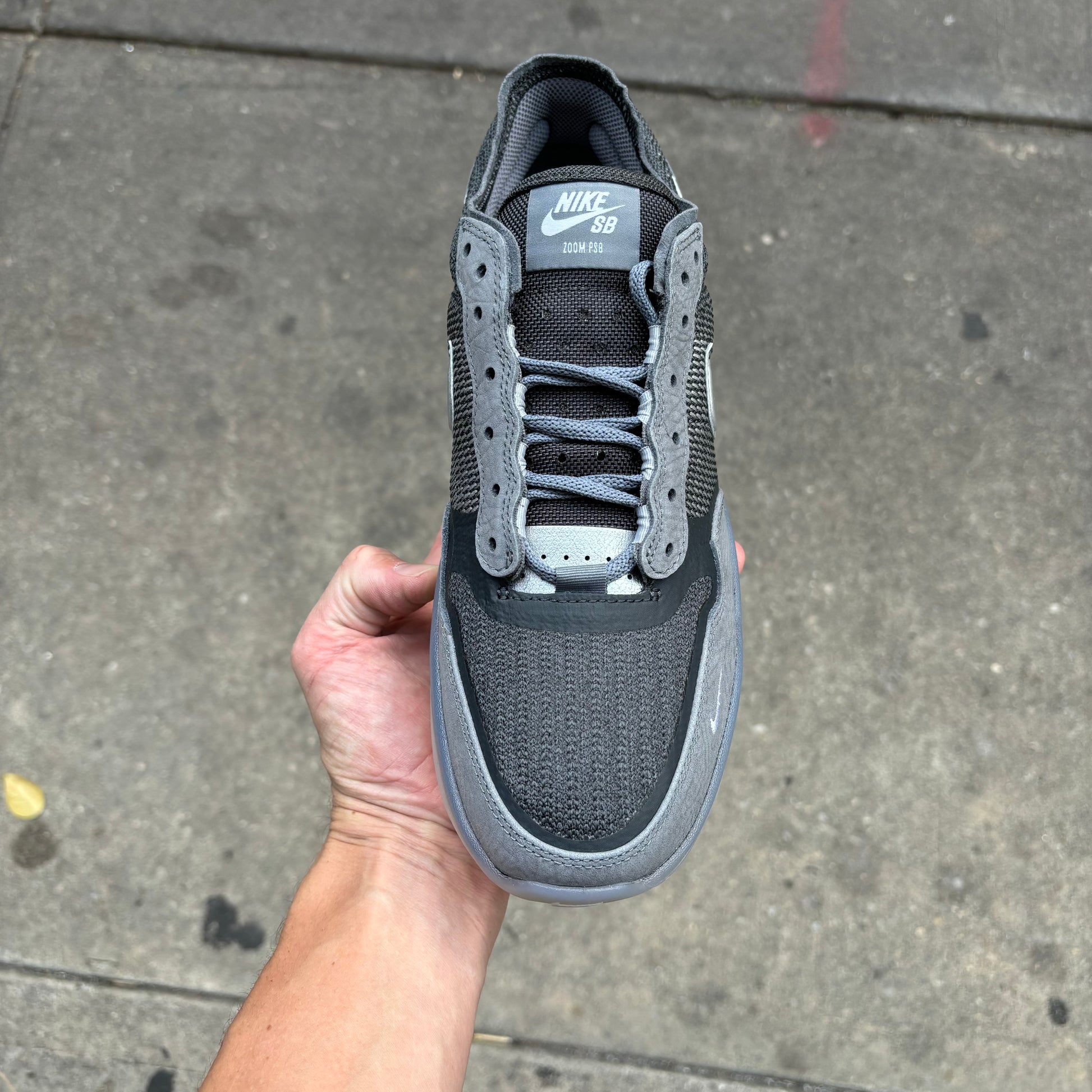 top down view of suede and mesh skateboard sneaker in grey