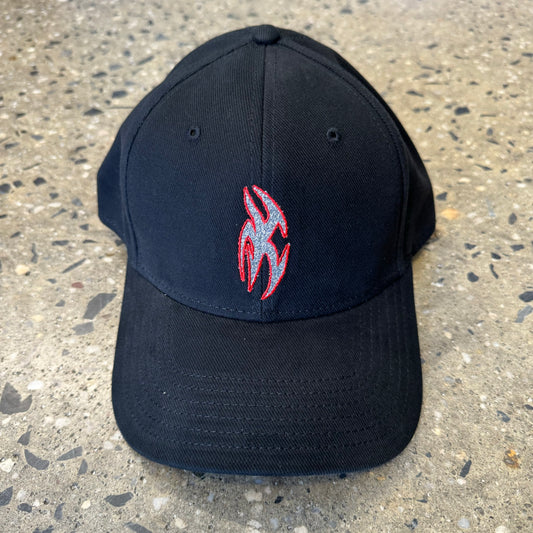abstract silver and red logo embroidered on black six panel cap