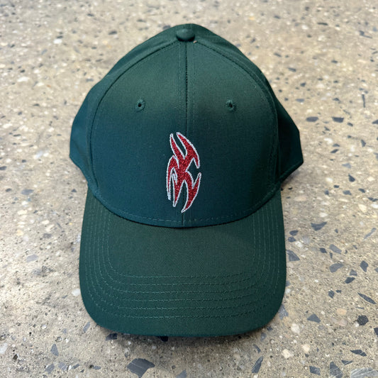 abstract red logo embroidered on six panel green cap