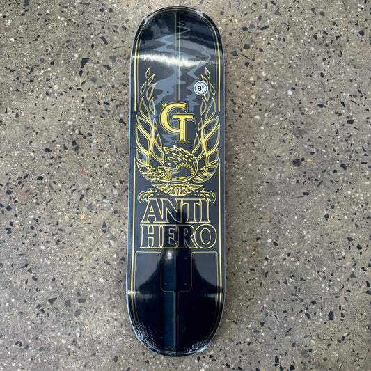 Yellow GT and eagle logo on antihero text, gold letters, black deck