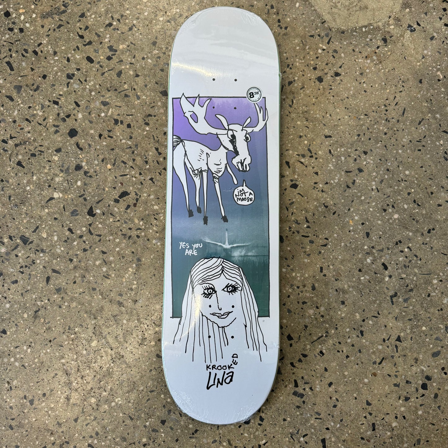 drawing of girl head and moose with purple and green background on white skate deck