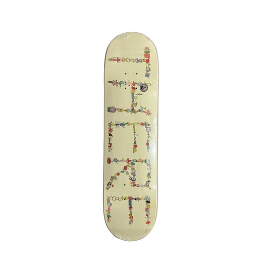 Skateboard deck with colorful text design on a white background