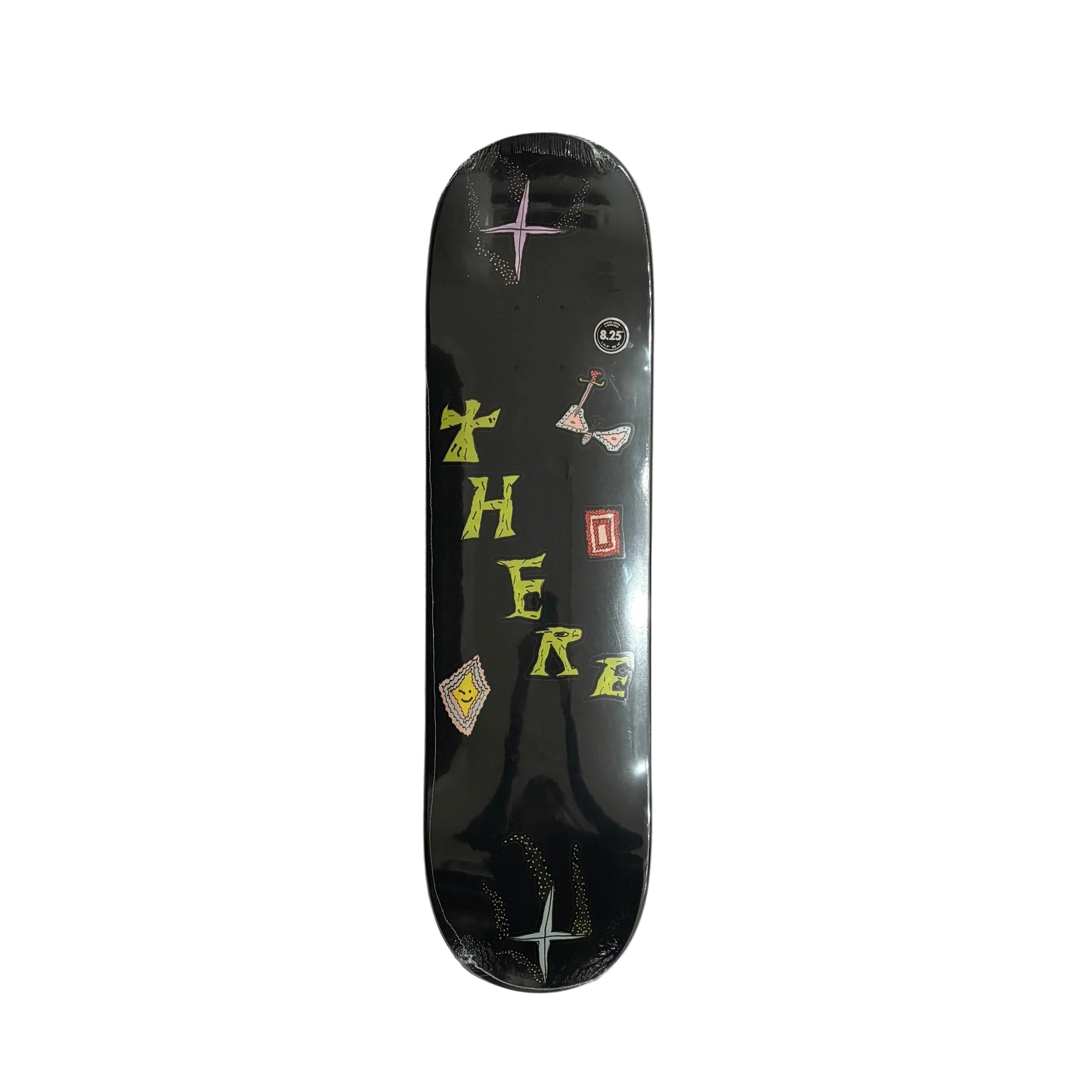Skateboard deck with graphics on a white surface