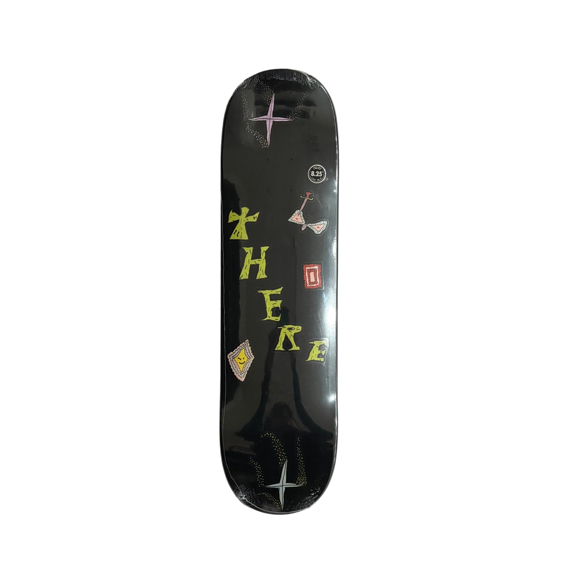 Skateboard deck with graphics on a white surface