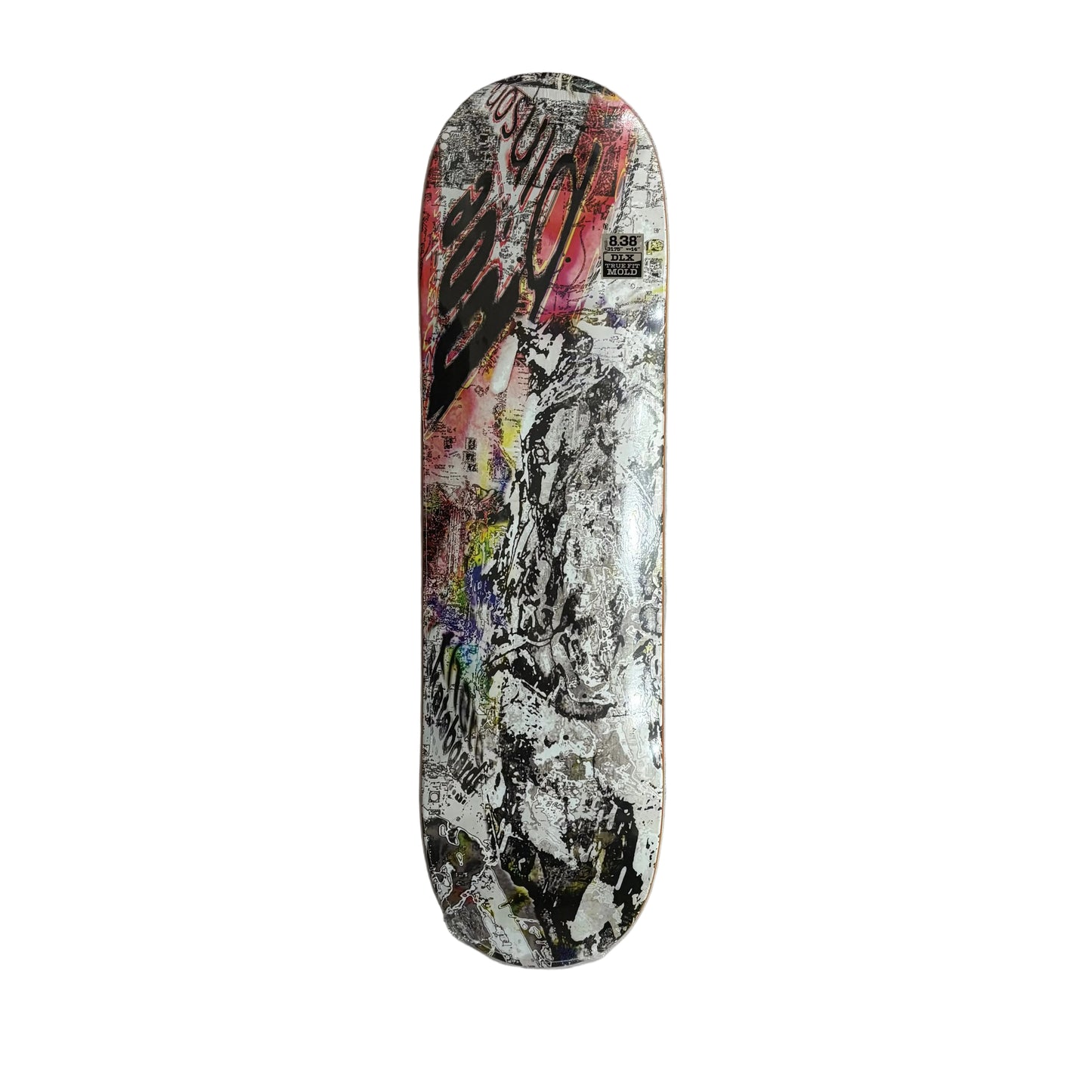 Skateboard deck with colorful abstract design on a white background