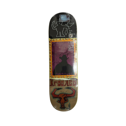 Skateboard deck with graphic design on a white surface