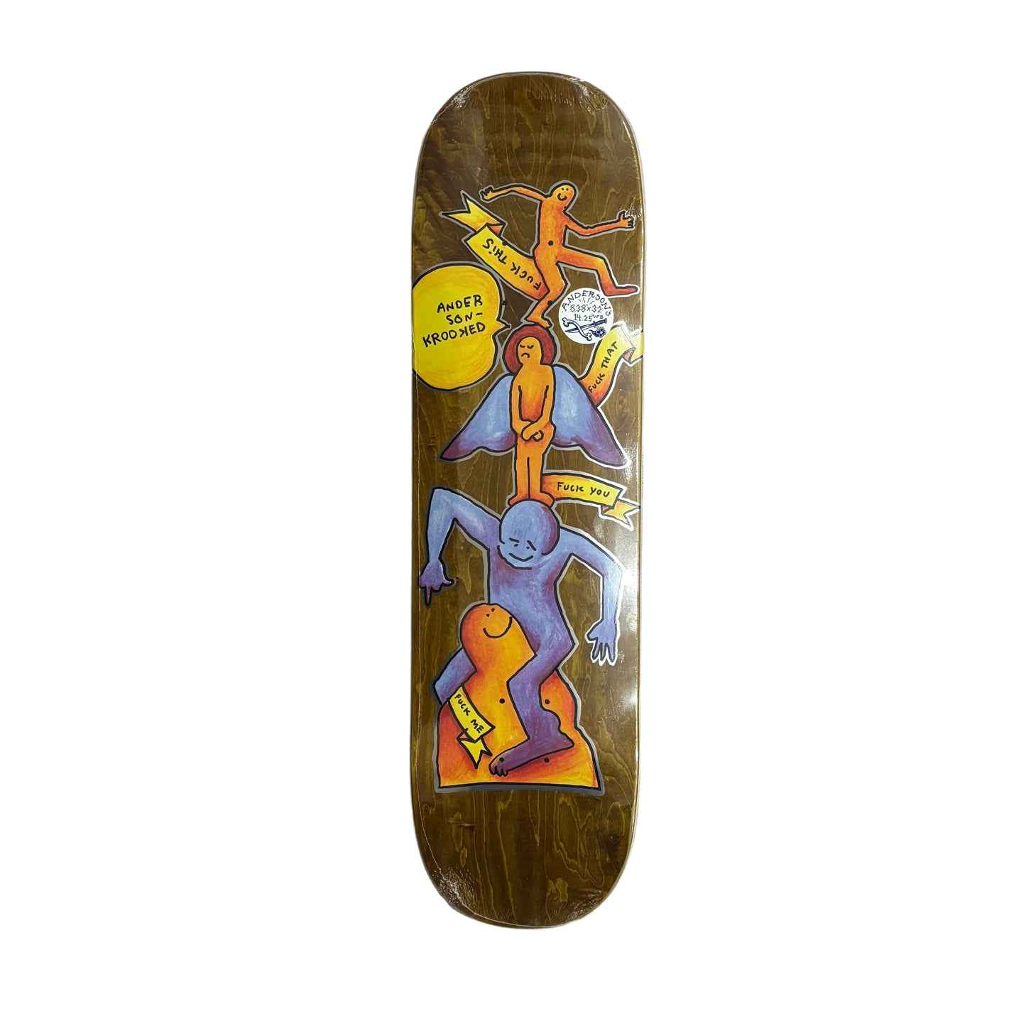 Skateboard deck with colorful graphics on a white surface